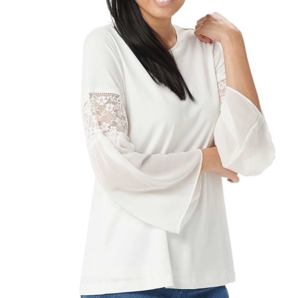 Susan Graver Long Chiffon Lace Sleeve Blouse, M